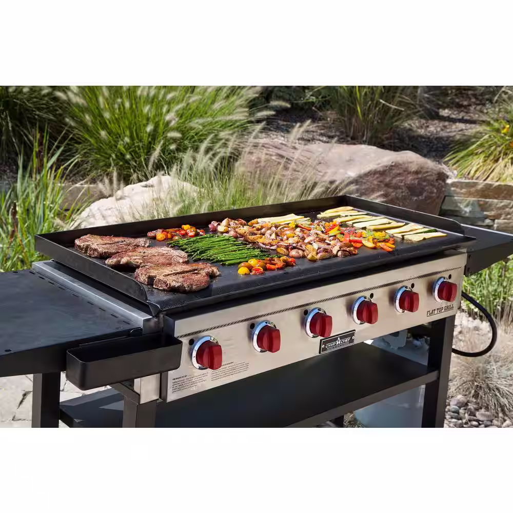 Camp Chef Flat Top Grill 900 6-Burner Propane Gas Grill in Black with Griddle