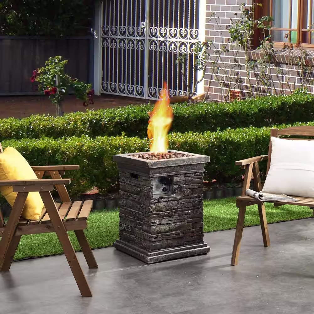 Kadehome 25 in. Gray Square Column Propane Gas Fire Pit Outdoor Garden Slate Rock