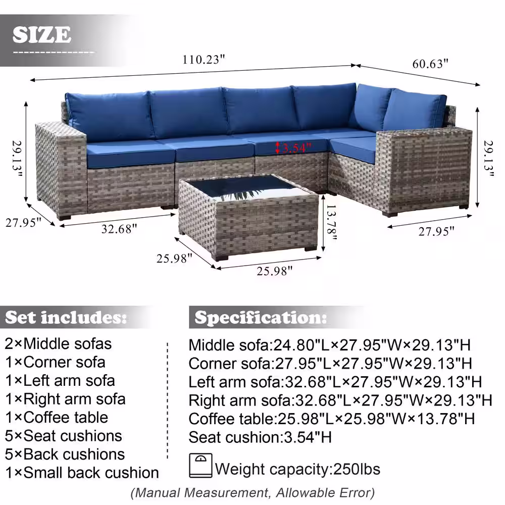 OVIOS Marvel Gray 6-Piece Wicker Wide Arm Patio Conversation Set with Navy Blue Cushions
