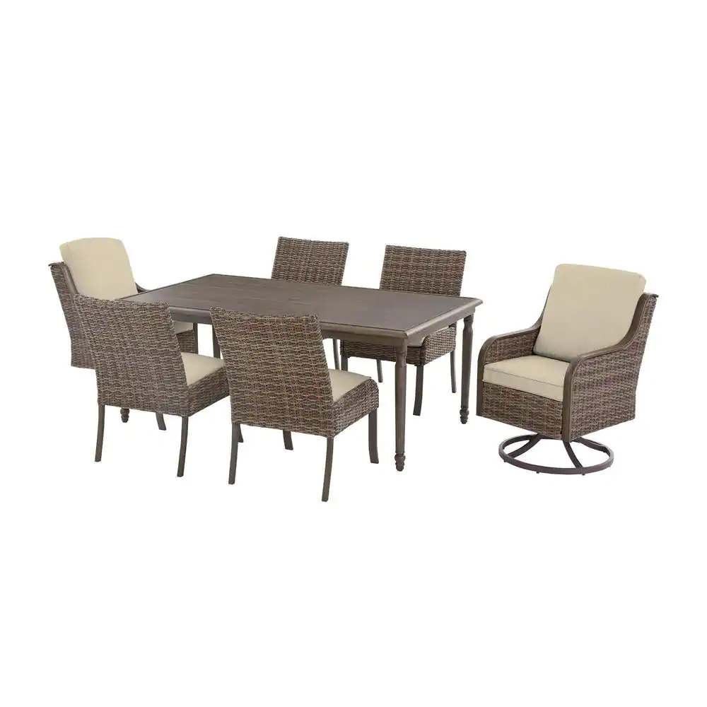 Hampton Bay Windsor 7-Piece Brown Wicker Rectangular Outdoor Dining Set with CushionGuard Biscuit Tan Cushions