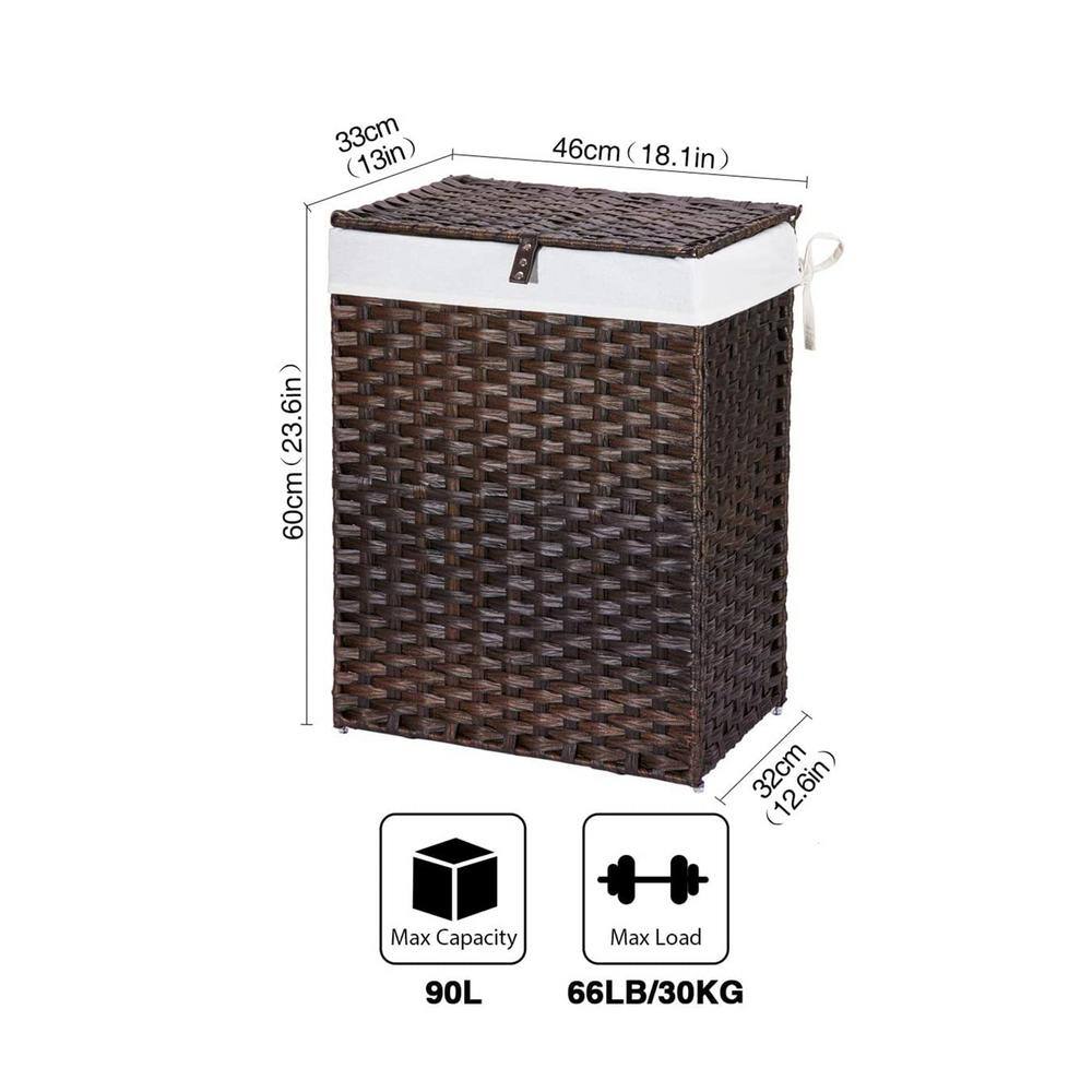None 90L Rattan Laundry Basket Hamper with 2 Removable Liner Bags Brown