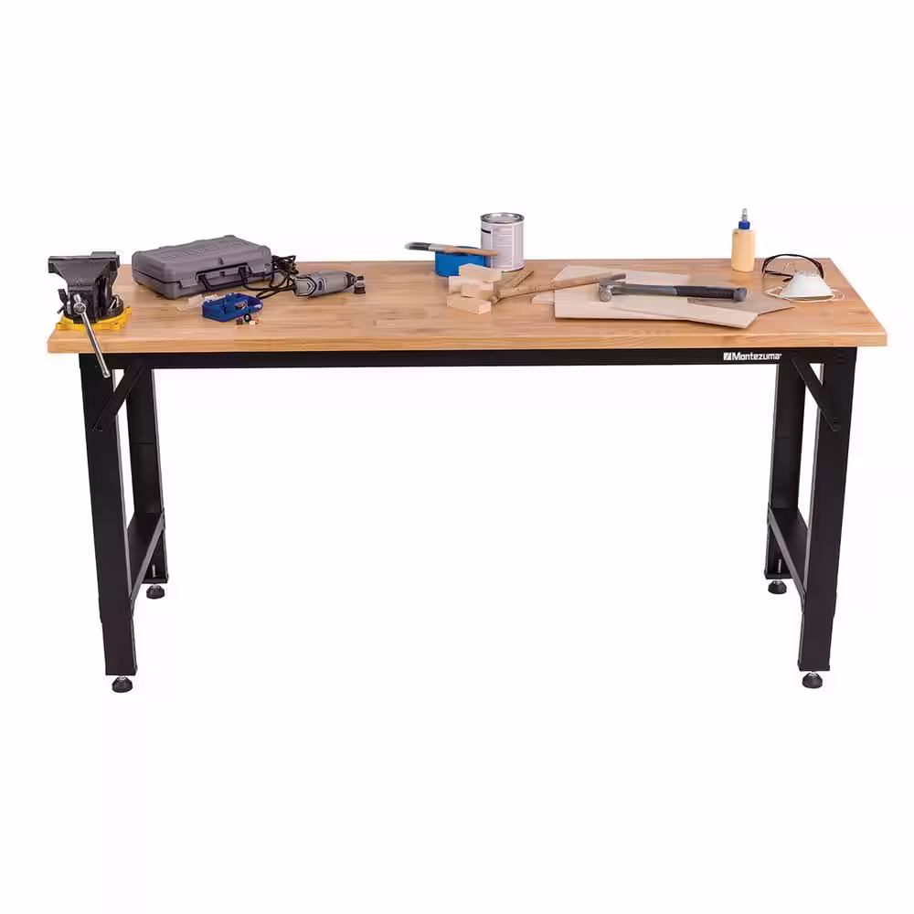 Montezuma 6 ft. Adjustable Height Steel Workbench with Solid Wood Work Top