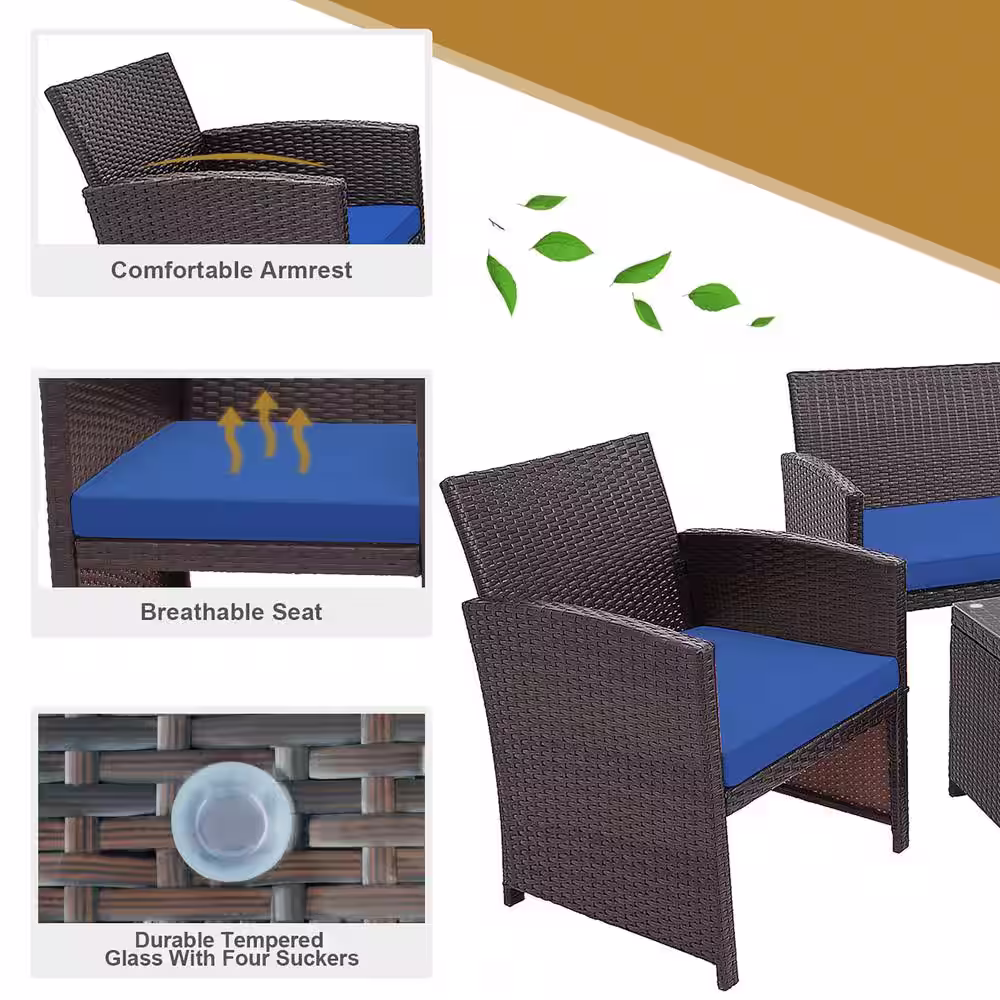Costway Brown 4-Piece Rattan Furniture Set Patio Conversation Set with Navy Cushions