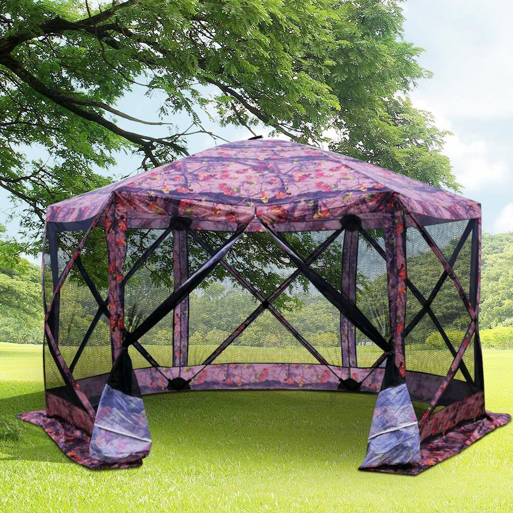 Outsunny 12 ft. x 12 ft. 6-Sided Hexagon Hub Gazebo Screen Tent with Mesh Netting Walls and Shaded Interior, Flower Pattern
