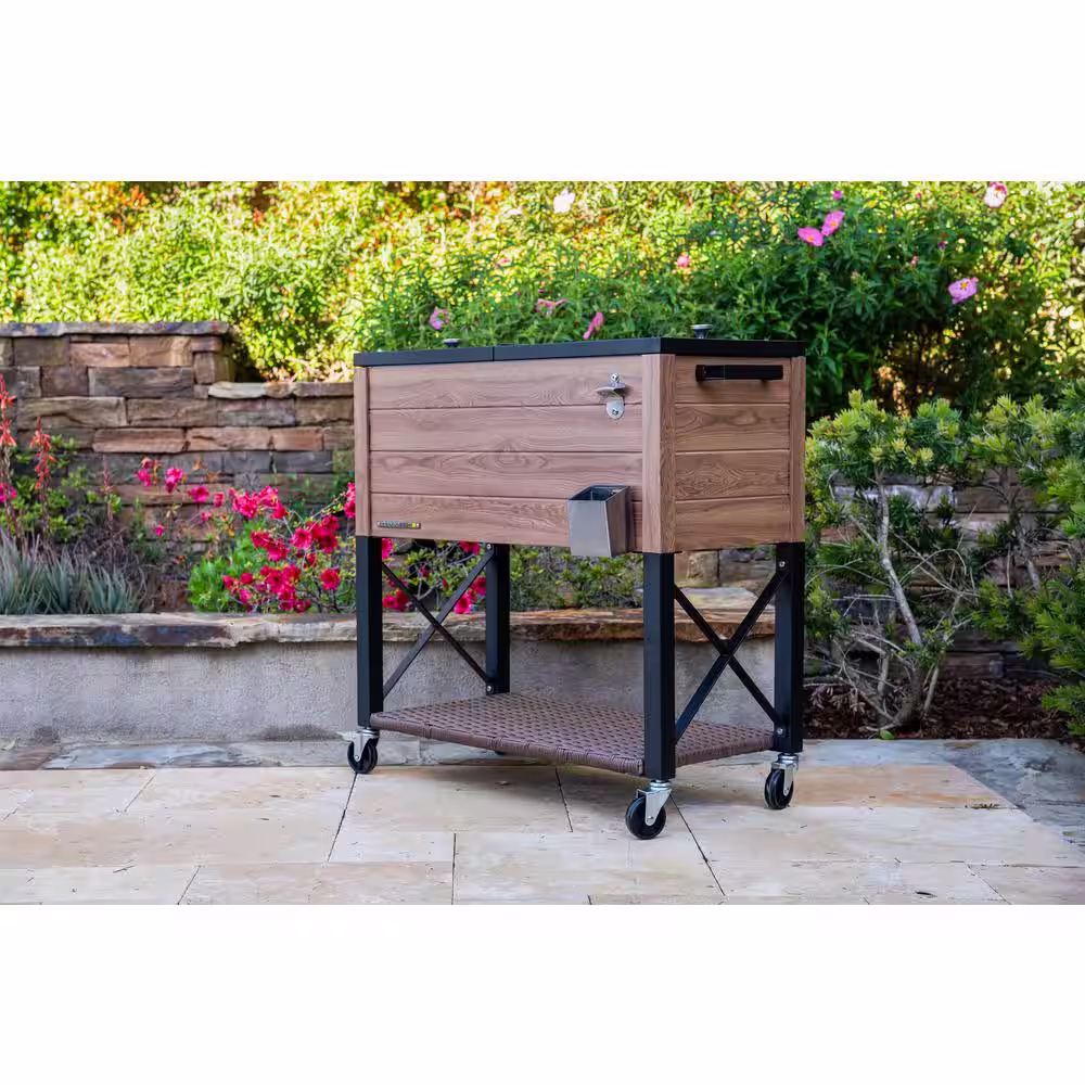 PERMASTEEL 80 qt. Oak Woodgrain Style Patio Cooler with Wicker Bottom Shelf