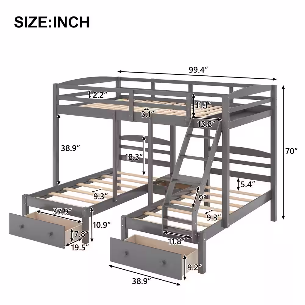 Harper & Bright Designs Full Over Twin Wood Triple Bunk Bed with Drawers