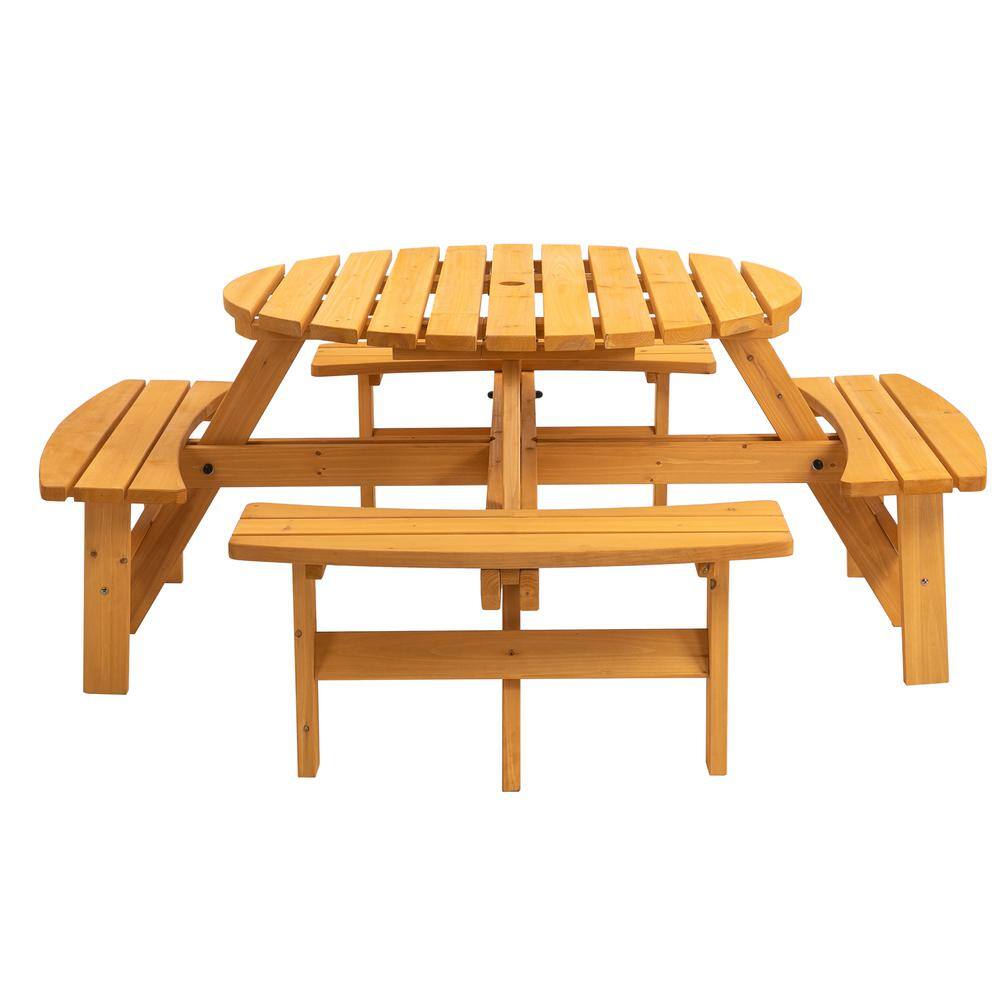 None 43.3 in. Brown Round Circular Solid Wood Picnic Table Seats 8-People with Umbrella Hole