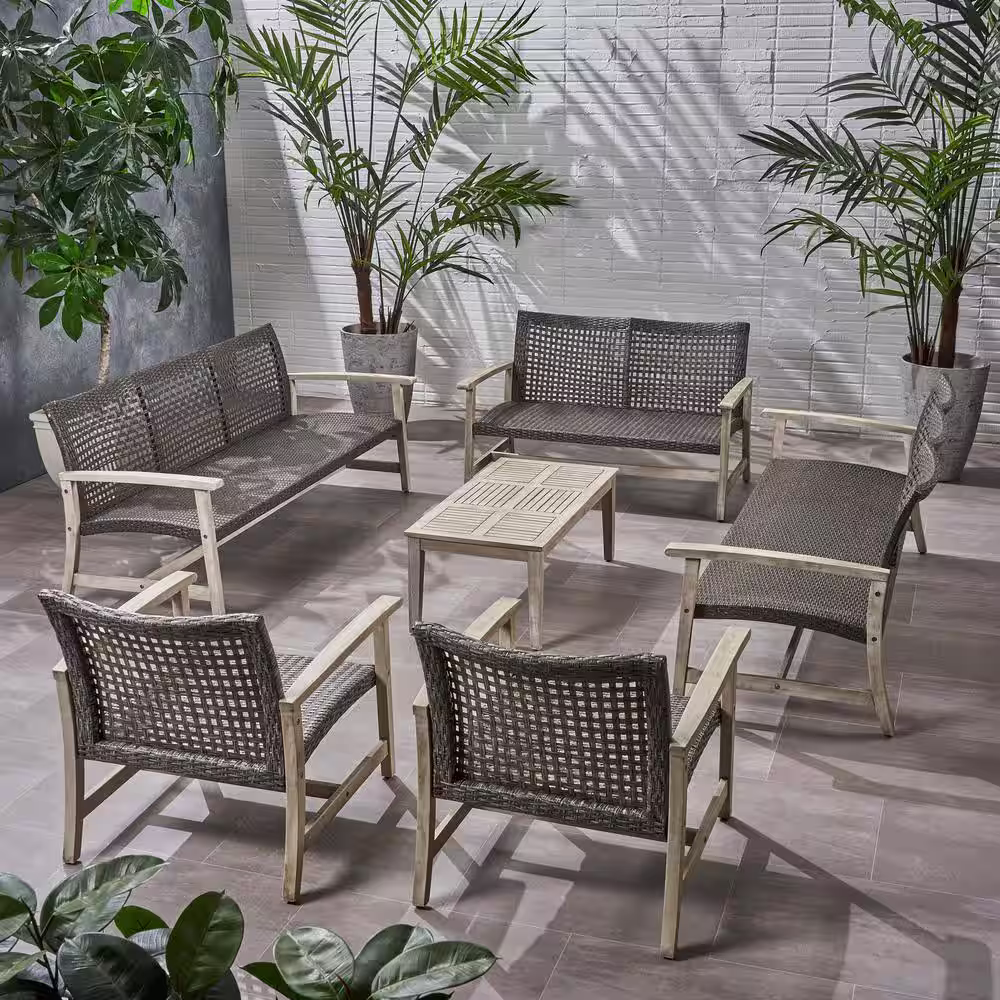 Noble House Hampton Natural 6-Piece Wood and Faux Rattan Patio Conversation Set