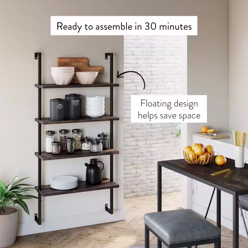 Nathan James Theo Nutmeg Brown 4-Shelf Wood 64 in. Black Pipe Metal Frame Floating Wall Mount Shelves Bookcase