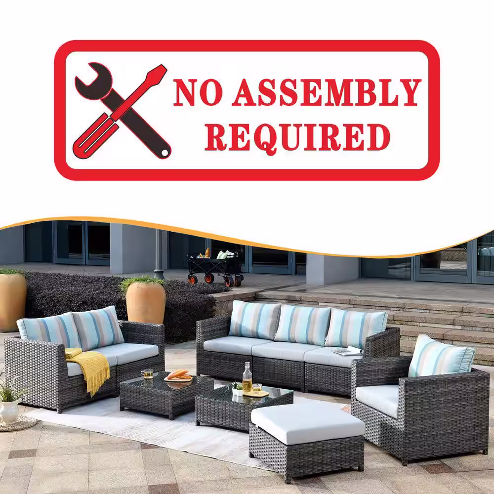 HOOOWOOO Lake Caddo Gray 9-Piece No Assembly Wicker Patio Conversation Sofa Set with Two Coffee Tables and Sunbrella Cushions