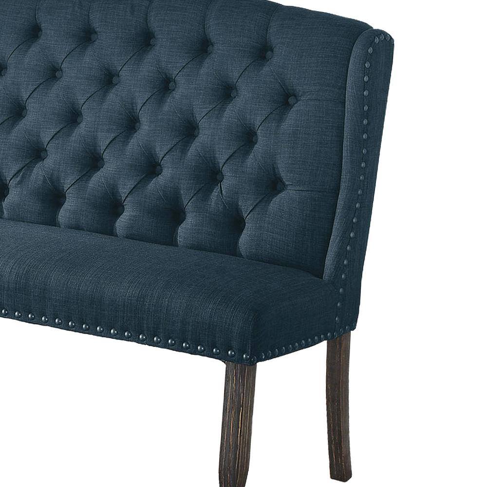 Benjara Blue Tufted High Back 2-Seater Love Seat Bench with Nailhead Trims 26.75 in. L x 48 in. W x 42.5 in. H