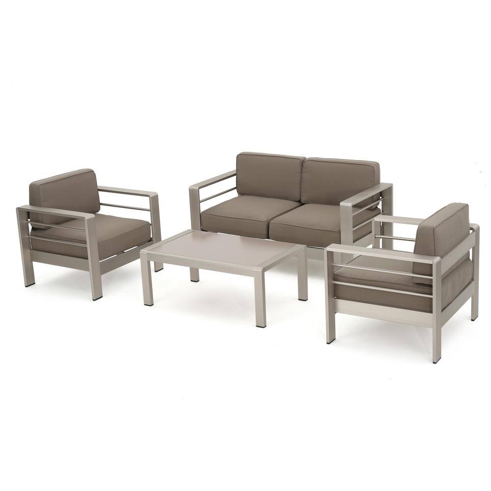 Noble House 13-Piece Metal and Faux Rattan Patio Dining, Conversation and Lounge Set with Khaki Cushions