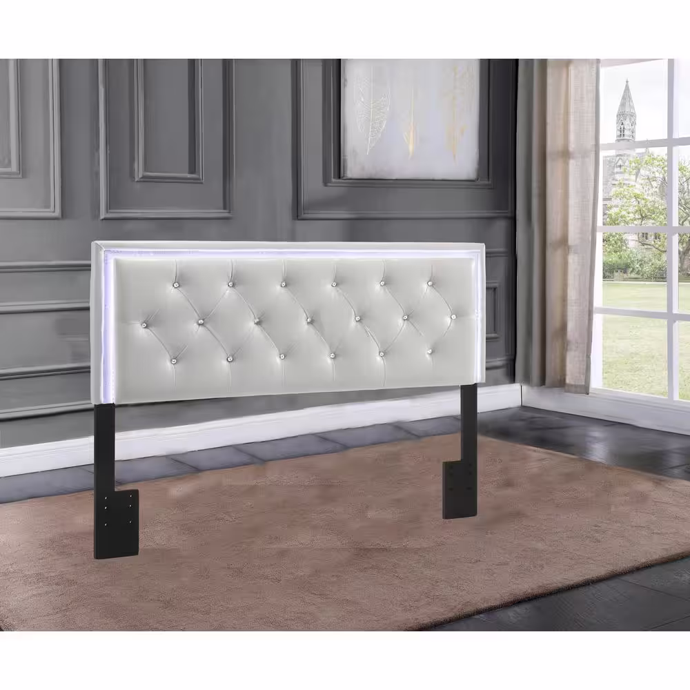 Best Quality Furniture Daisy 64 in. W White Queen/Full Faux Leather Upholstered Headboard with LED Lights and Faux crystals