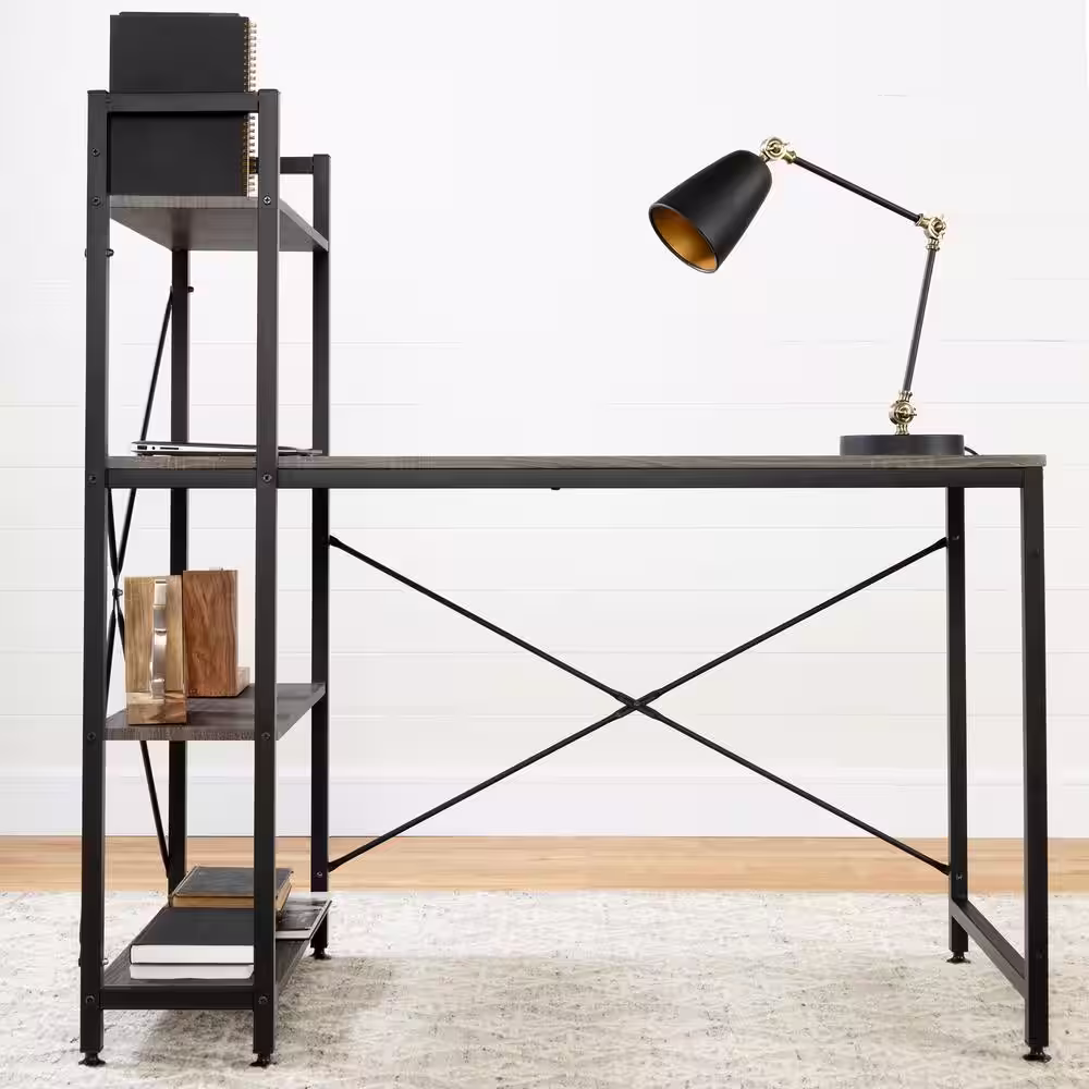 South Shore 25.6 in. Rectangular Oak Camel/Black Computer Desks with Bookcase