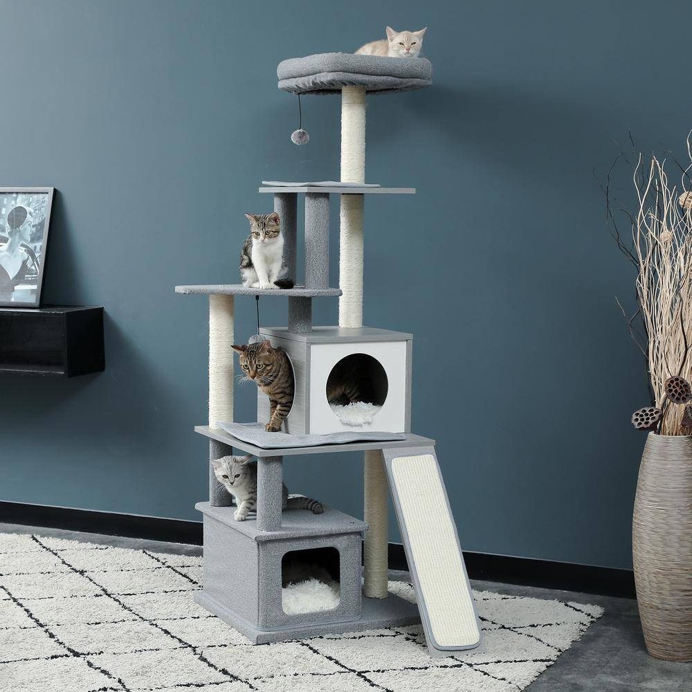 ANGELES HOME 62 in. Gray Cat Tree Multi-level large play tower, playhouse with apartment, hanging toys - Gray
