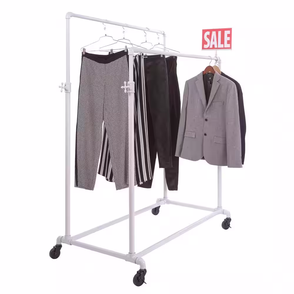 Econoco White Metal Clothes Rack 50 in. W x 78 in. H with Two Hangrails