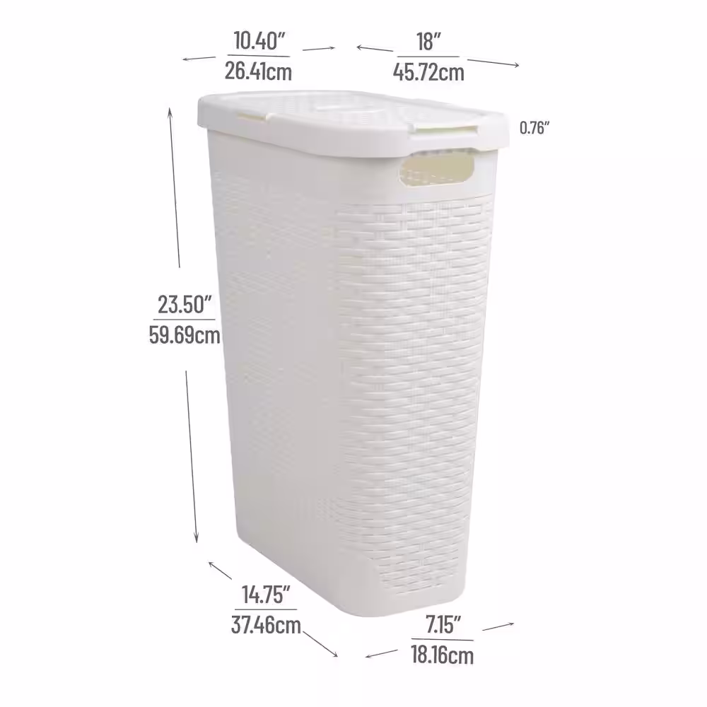 Mind Reader Basket Collection, Slim Laundry Hamper, 40 Liter (15kg/33lbs) Capacity, Cut Out Handles, Attached Hinged Lid, White