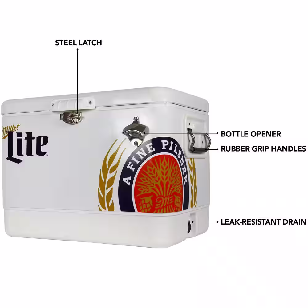 Koolatron Miller Lite Ice Chest Beverage Cooler with Bottle Opener 51L (54 qt.) 85 Can Capacity White and Blue