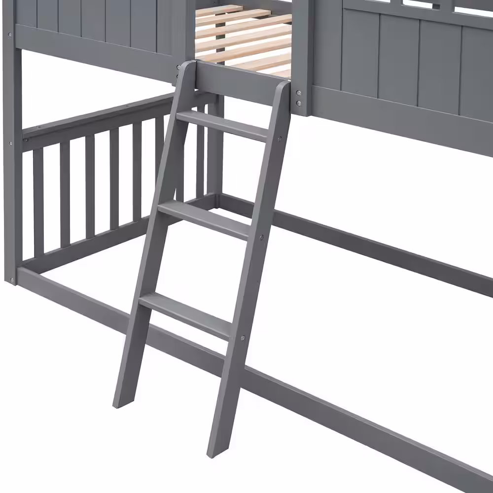 Harper & Bright Designs Gray Twin Over Twin Wood House Bunk Bed With Ladder