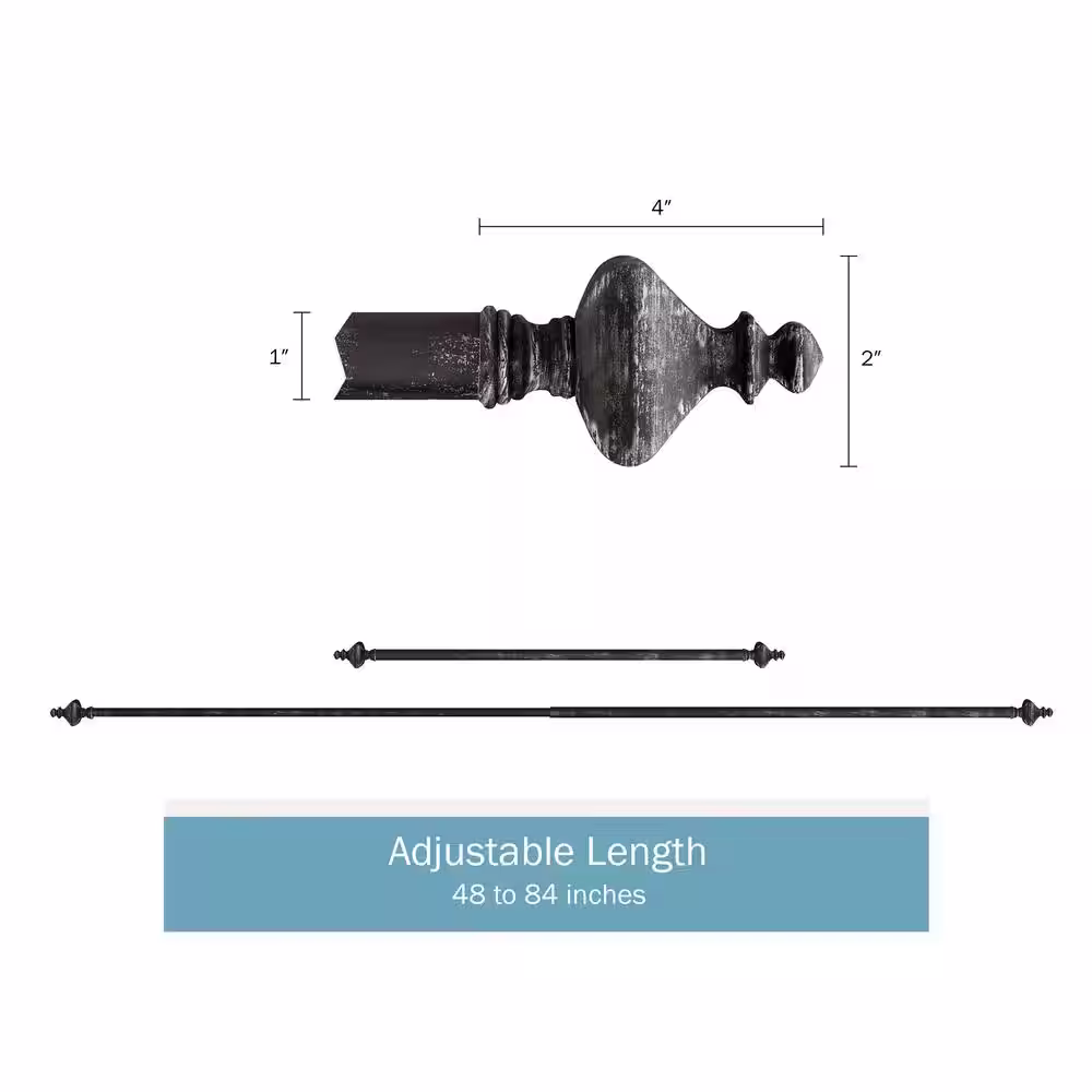 None 48 in. - 84 in. Telescoping 1 in. Modern Turned Single Curtain Rod in Black