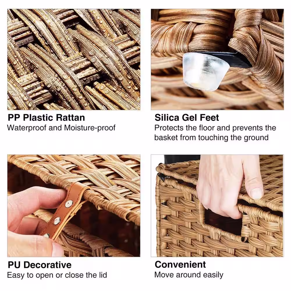 None 110L Rattan Laundry Basket Hamper with 2 Removable Liner Bags Natural