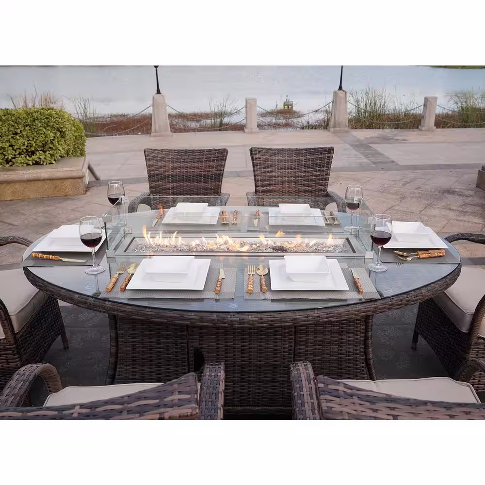 DIRECT WICKER Turnbury 47 in. x 71 in. Propane Oval Wicker Gas Fire Pit Table with Tempered Glass Surround
