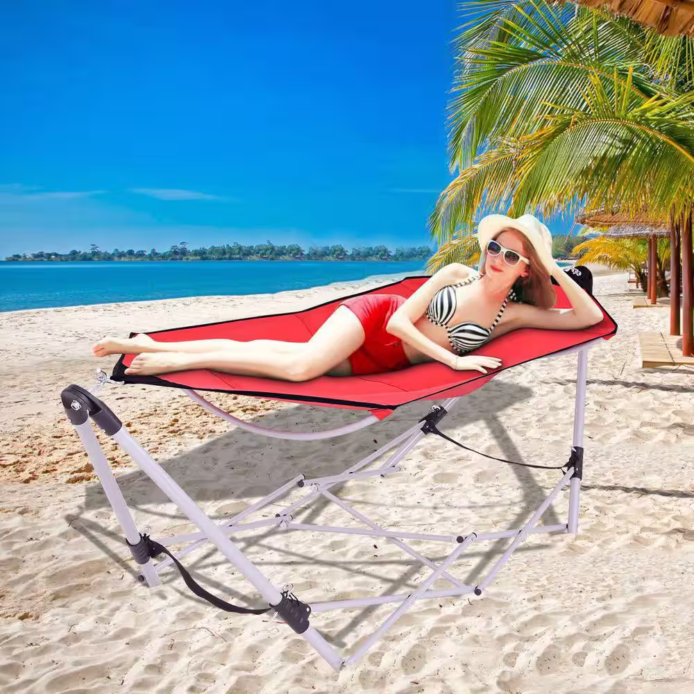 Alpulon 7.9 ft.. Outdoor Portable Folding Steel Frame Hammock Bed with Bag in Red