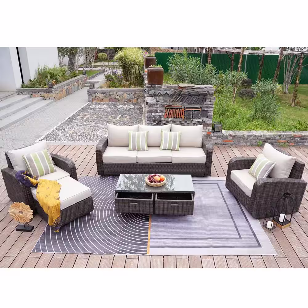 moda furnishings Archer Brown 5-Piece Wicker Patio Conversation Set with Beige Cushions