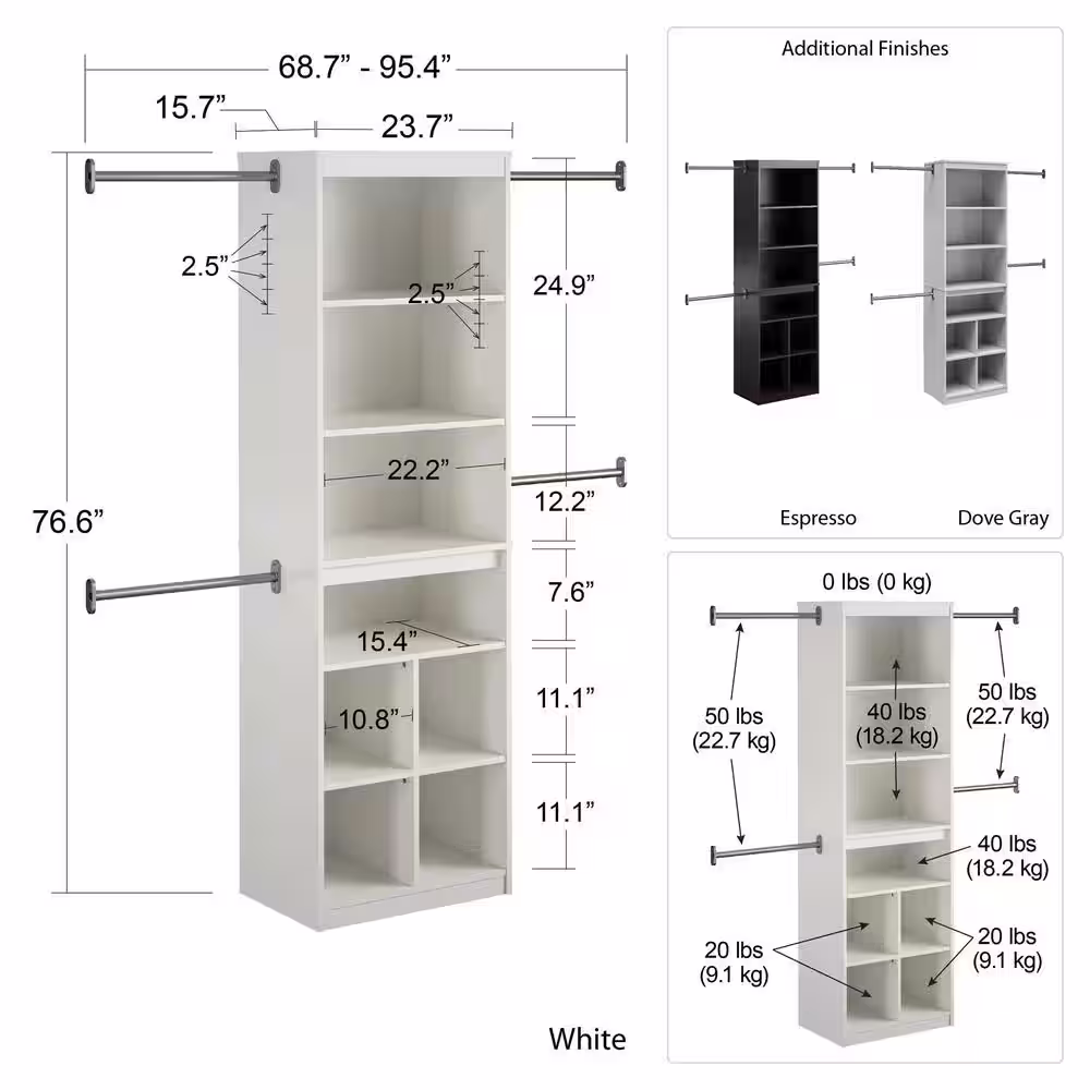 None 68.69 in.- 95.4 in. White Wall Mount Adjustable Closet System with 4 Clothing Rods