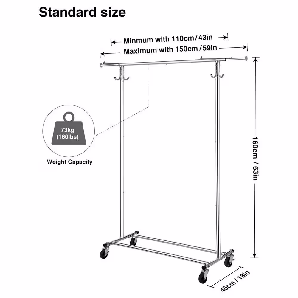 None Chrome Steel Garment Clothes Rack Adjustable 59 in. W x 63 in. H
