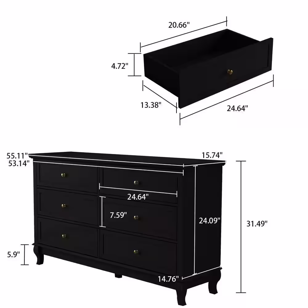 None 6-Drawers Eco-Friendly Paint Finish Black Wood Dresser Vanity Cabinet 55.1 in. W x 15.7 in. D x 31.5 in. H