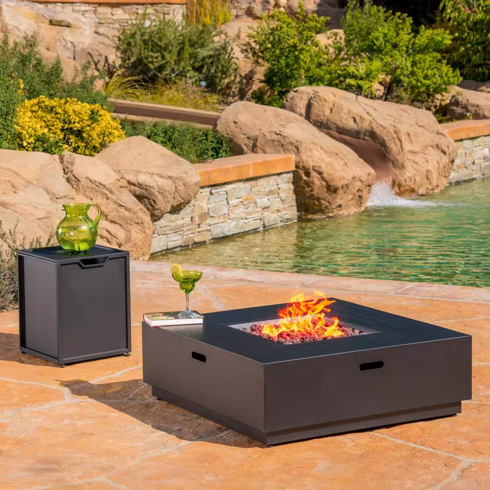 Noble House Abdullah 40 in. x 13.5 in. Square Iron Propane Fire Pit with Tank Holder