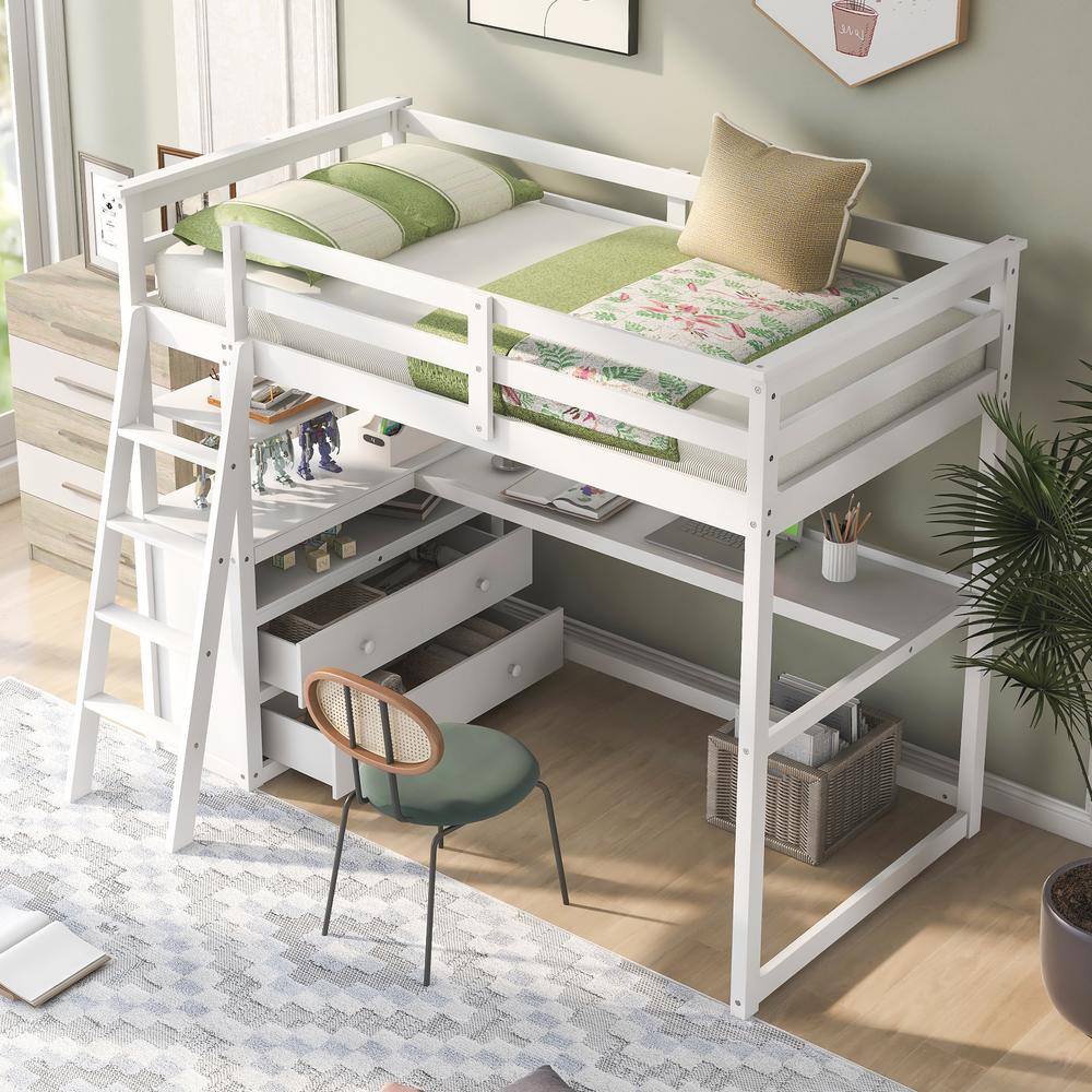 None White Twin Size Loft Bed with Desk and Shelves, Wood Kids Loft Bed Frame with 2 Built-in Drawers