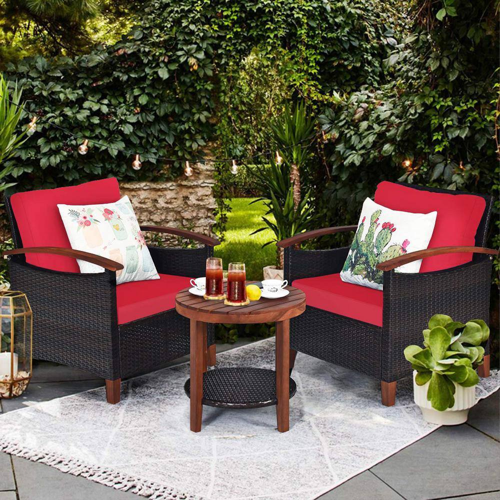 Alpulon 3-Piece Wicker Outdoor Bistro Set with Red Cushions
