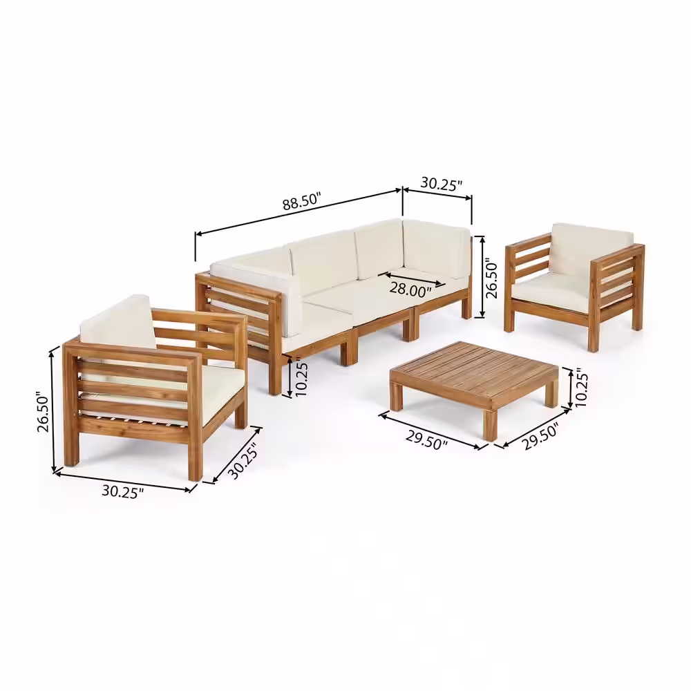 Noble House Oana Teak Brown 6-Piece Wood Patio Conversation Seating Set with Beige Cushions