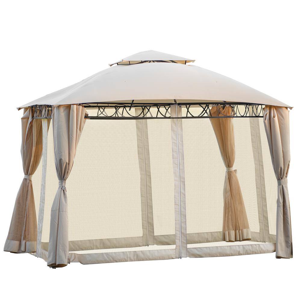 None 10.6 ft. x 11.8 ft. Beige Double Tiered Grill Canopy, Outdoor BBQ Gazebo Tent with UV Protection