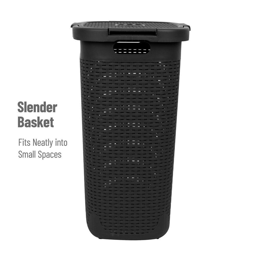 Mind Reader Basket Collection, Plastic Slim Laundry Hamper, 60 Liter (15kg/33lbs) Capacity, Attached Hinged Lid, Set of 2, Black