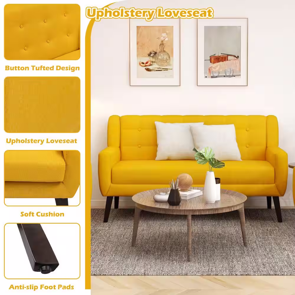 None 63 in.W Modern Straight Arm Linen Fabric Yellow Upholstered Button Loveseat Sofa With Two Pillows