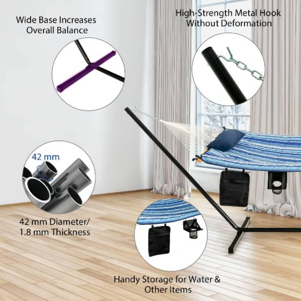 Alpulon 11.5 ft. Blue Fabric Cotton Double Brazilian Standing Hammock Bed with Pillow and Cup Holder