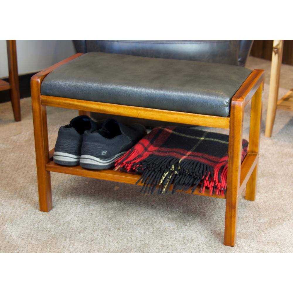 None Dark Mahogany Bench with Slatted Shelf 17 in. H x 23.75 in. W x 12.5 in. D