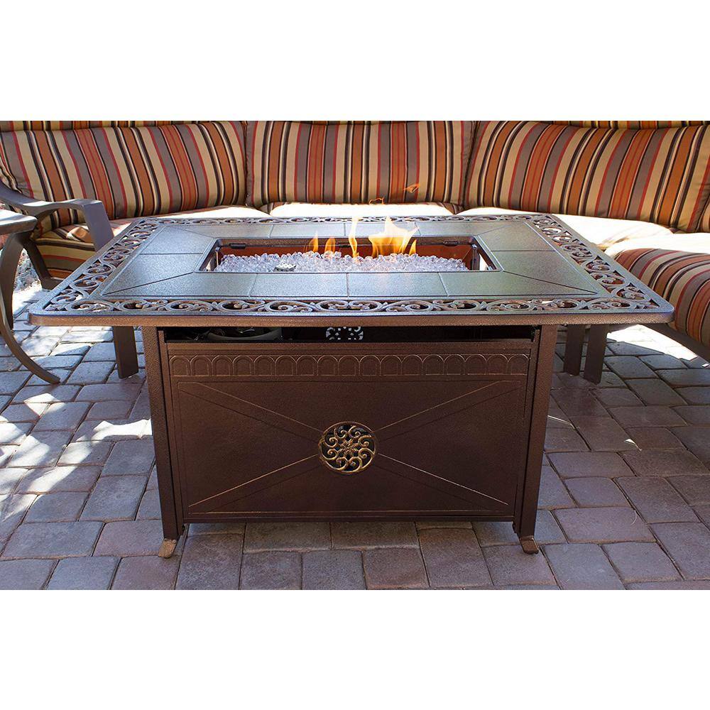 Hiland 35 in. x 24 in. Rectangle Cast Aluminum Propane Fire Pit in Hammered Bronze with Scroll Design