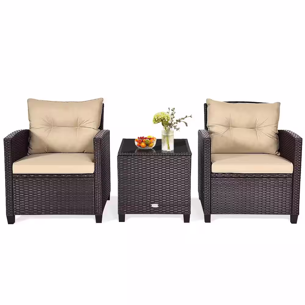 Costway 3-Piece Rattan Wicker Patio Conversation Set Sofa Coffee Table with Yellowish Cushions