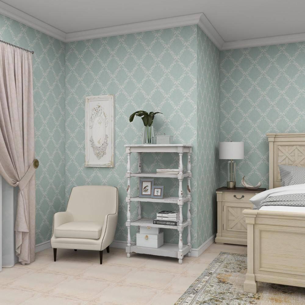 Litton Lane 5 Shelf Wood Stationary White Distressed Open Shelving Unit with Spindle Sides and Mesh