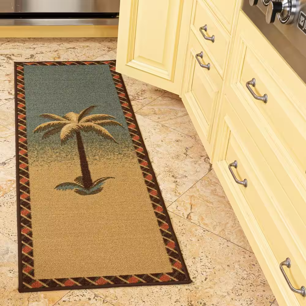 Ottomanson Sara Collection Non-Slip Rubberback Tropical Palm Tree 2x5 Kitchen Runner Rug, 1 ft. 8 in. x 4 ft. 11 in., Beige/Teal