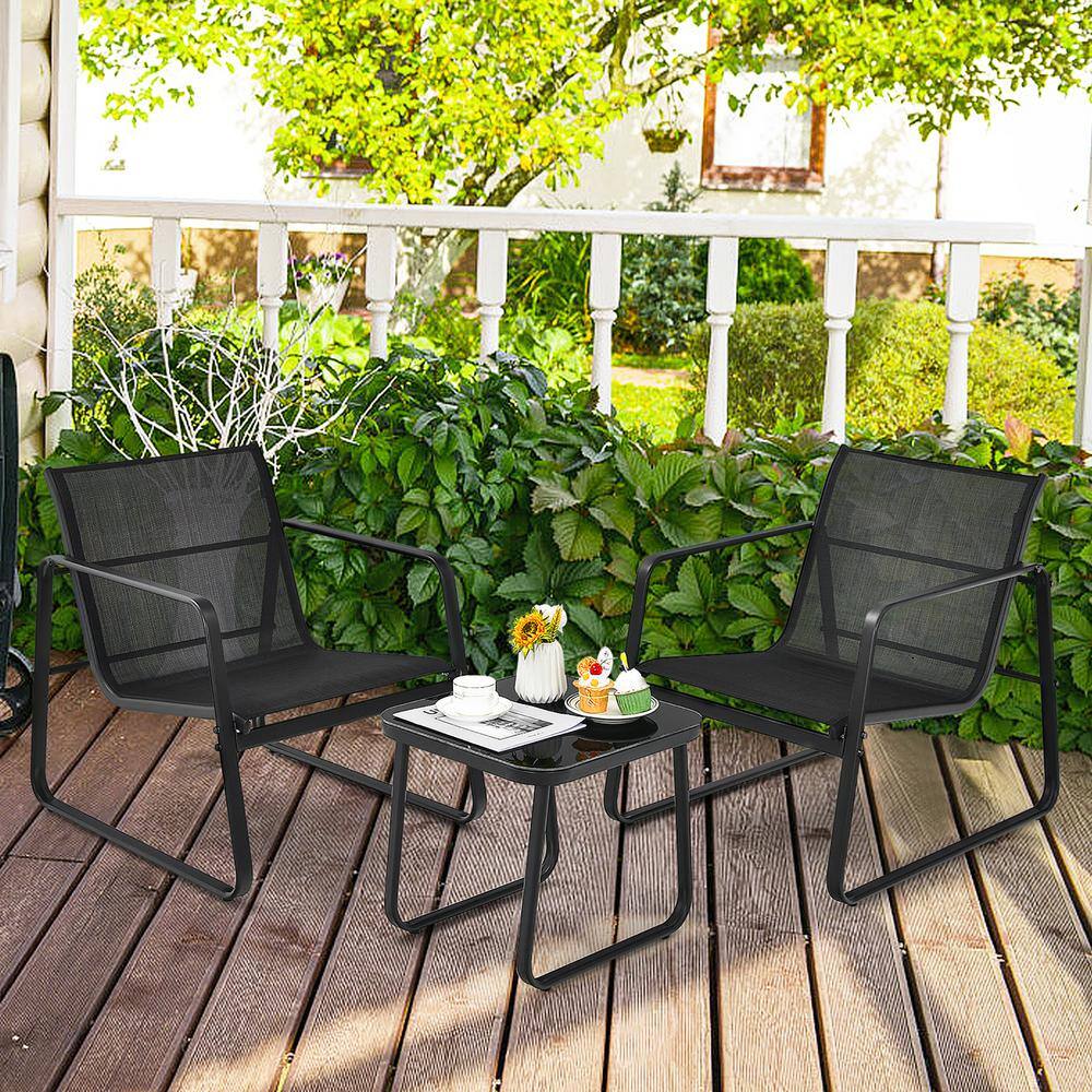 Costway 3-Piece Glass Patio Bistro Furniture Set Top Table Garden Deck Black