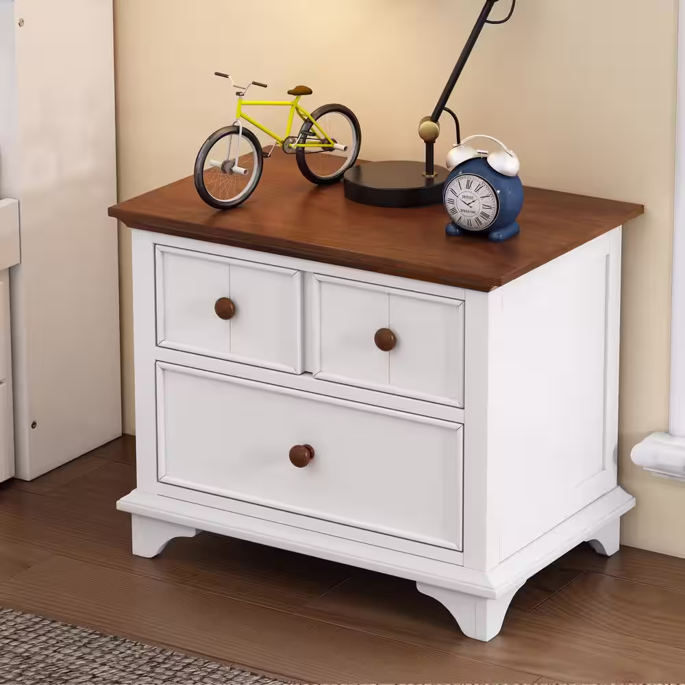 None White Wood 2 Drawers 27.6 in. W Nightstand, Side Table