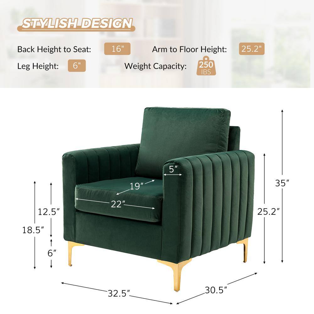JAYDEN CREATION Ennomus Modern Green Velvet Cushion Back Club Chair with Golden Metal Legs and Track Arms (Set of 2)