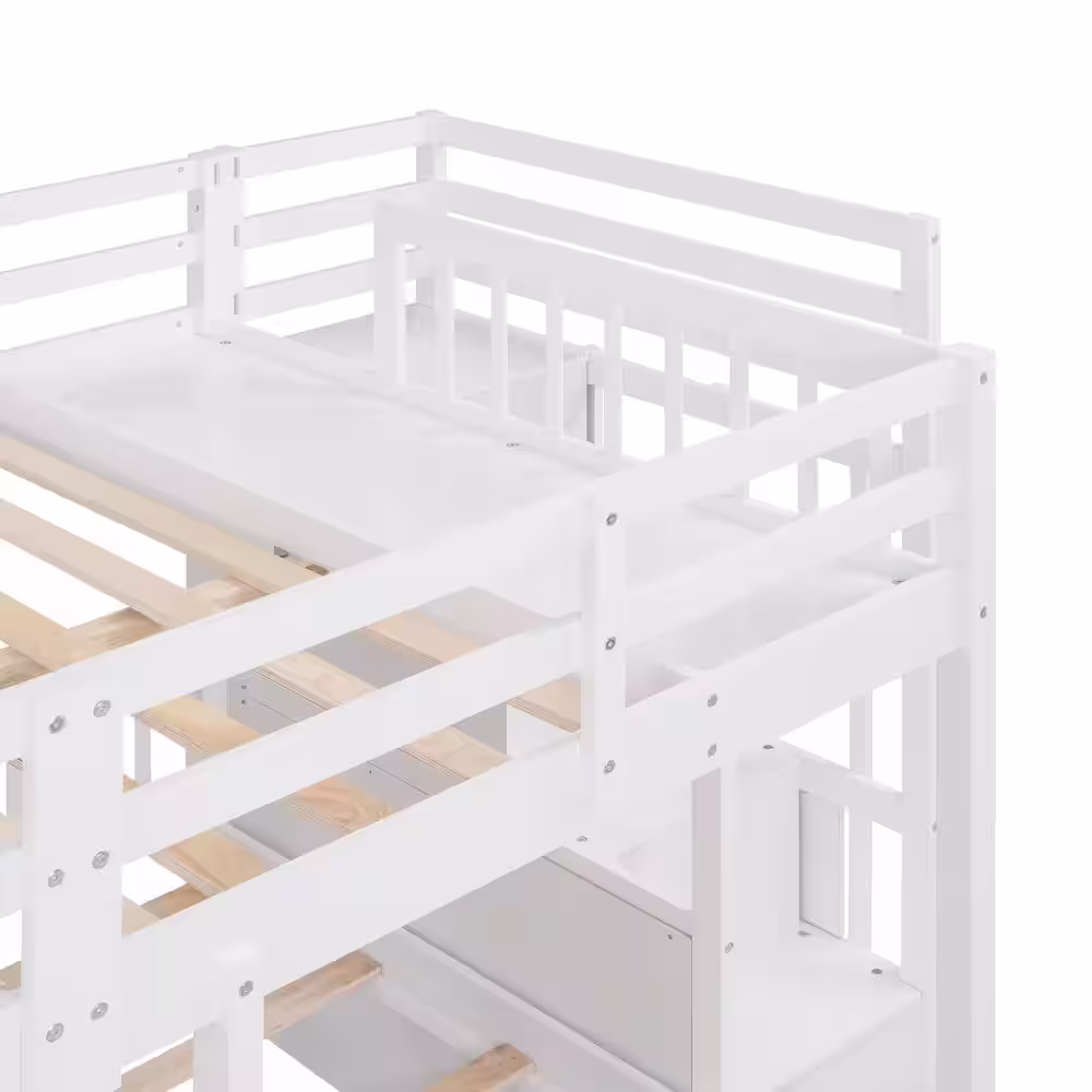 Harper & Bright Designs White Full over Twin & Twin Bunk Bed with Six Drawers and Guardrails