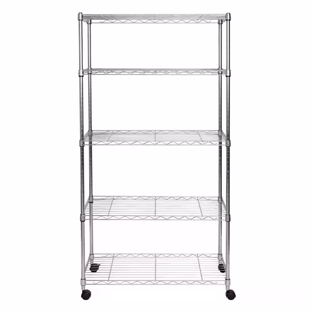 Seville Classics Silver 5-Tier Steel Wire Shelving Unit with Wheels (30 in. W x 60 in. H x 14 in. D)