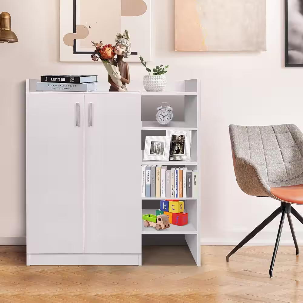 Gymax 35.5 in. H x 12.5 in. W White Wooden 12-Pair Shoe Storage Cabinet 2-Door Storage Entryway Shoes Organizer